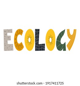 La palabra Ecología, que se dibuja en vector. Ilustración.