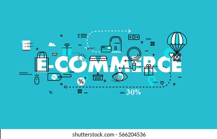 Word e-commerce flat line business vector illustration design banner. Concepts for online order and payment, e-commerce, delivery process, purchasing and online shopping for mobile and web graphics