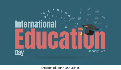 Word education with graduation cap on the o, around it icons of music, art, formulas, chemistry, pencil, computer, graphics, weather, world, book, puzzles.Celebration education day