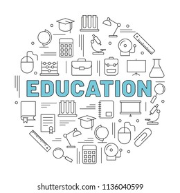 The word EDUCATION surrounded by icons. Vector background illustration.
