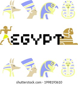 The word egypt and there are icons of Cleopatra, Anubis, Pharaoh and Horus