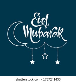 Word Eid Mubarak with Crescent Moon and Stars and Blue Background.