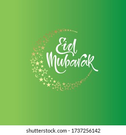 Palabra Eid Mubarak con Luna Creciente con fondo degradado verde.