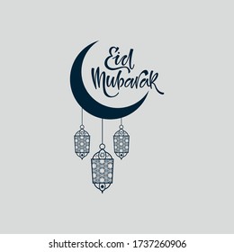 Word Eid Mubarak with Crescent Moon with Lights and Grey Background.