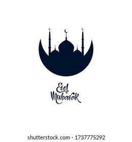 Word Eid Mubarak with Crescent Moon and Mosque with White Background.