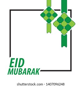 Word Eid Mubarak with ketupat (malay rice dumpling) on square frame and white background.