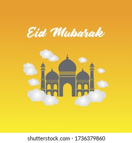 Word Eid Mubarak With Orange Gradient Background and Mosque vector with clouds.