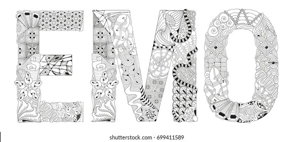 Word emo for coloring. Vector decorative zentangle object