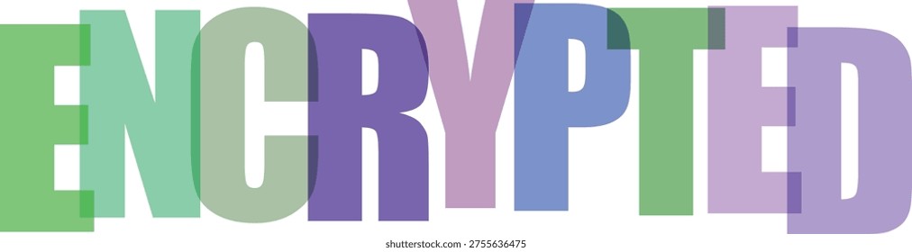 The word ENCRYPTED is displayed in large, bold, colorful letters with a translucent overlay effect. The letters are in shades of green, purple, and blue, creating a layered and abstract visual.