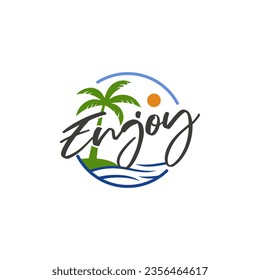 word enjoy typography logo design. Vector illustration word enjoy typography, palm tree and sea view. modern logo design vector icon template