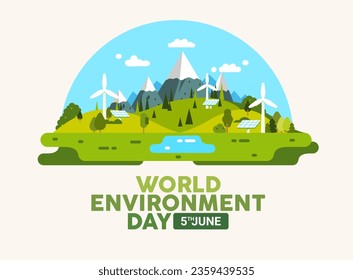 Word environment day. Landscape of nature use alternative energy sources solar panel and windmills