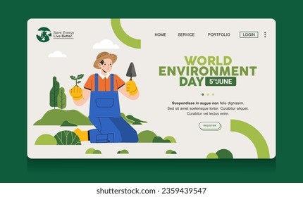 Día Mundial del Medio Ambiente hombre plantar plantas cuidado de la conservación de la ecología sostenible Naturaleza patrón de banner afiche web