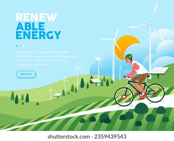 Word environment day. Man riding a bicycle over green hills with energy fields sustainable  renewable energy, solar panel, wind turbine