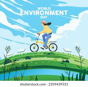 Word environment day. Woman riding a bicycle over green hills with energy fields sustainable  renewable energy, solar panel, wind turbine