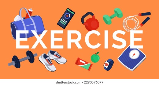 Wortübung, umgeben von Trainingsgeräten, gesunden Lebensmitteln und Geräten: Fitness- und Trainingskonzept