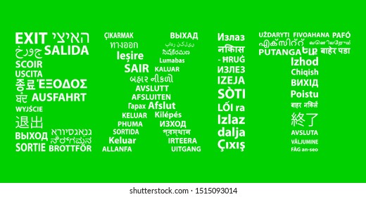 The word EXIT is in sixty-eight languages. The safest and most tolerant exit sign for international agencies. Vector illustration.