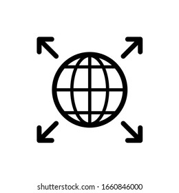 Word expansion icon. Earth globe symbol with four corner arrows. Grow over the world.