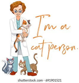 Word expression for I'm a cat person with many cats in background illustration