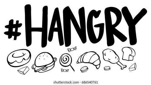 Word expression for hangry with many food illustration