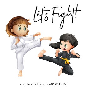 Word expression for let's fight with two girls fighting illustration