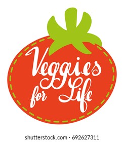 Expresión de palabra para veggies for life con ilustración de tomate rojo