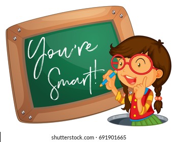 Word expression for you're smart with girl writing on board illustration