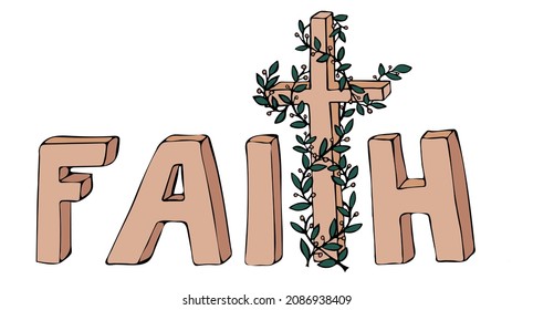 Word faith. Christian faith symbol. Religious church Cross emblem. Vector illustration in doodle style.