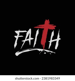 The word faith in red and white written with Christian words on a symbol. Christian background