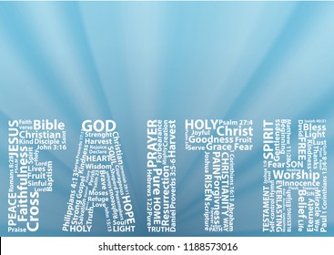 Word faith in white written with christian words on blue background. Christian background