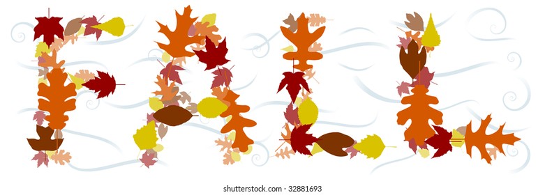 The word "FALL" composed of vector leaves and swirly wind