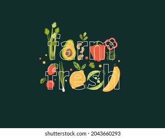 Word farm fresh full of vegetables,berries,fruits on background. Natural, organic products-strawberry and cherry, avocado, celery, beans, pepper, lemon and peas, banana.Vector for web,design,print.