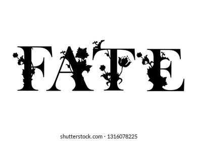 Word Fate with flourish pattern. Floral decor. Template for cutting and wood carving. Laser cut. Paper cut. Flower capital letter. Vector illustration.