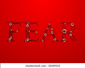 The word "FEAR" written in vector thorns and eyeballs