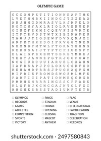 Word find game is a puzzle with a word search. Fun puzzle game. Olympic games theme. Ready to print. Printable vector illustration