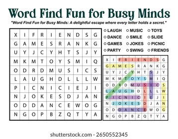 Word find puzzle with highlighted words like friends, games, toys, music, laugh, and more.