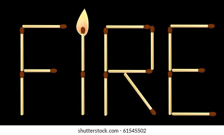 Word Fire made of matches isolated on white background