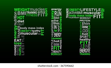 Word FIT with many words green and black on dark background