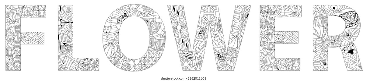 FLORES de palabras para colorear. Objeto de zentángulo decorativo vectorial para la decoración