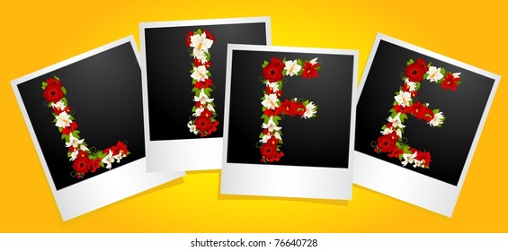 Word from flowers in photo frames. Vector