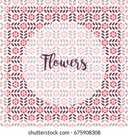 Word Flowers in a round frame over floral background. Vector illustration
