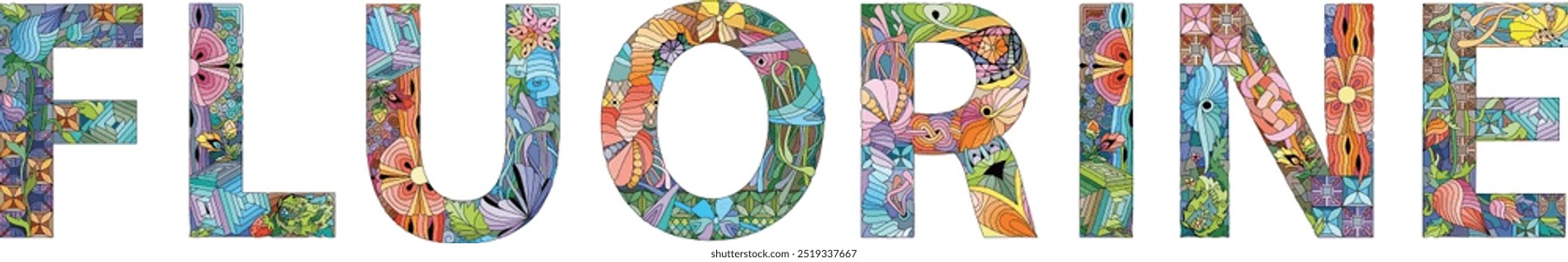 Word FLUORINE. Fluorine is a chemical element. Vector decorative zentangle object for decoration
