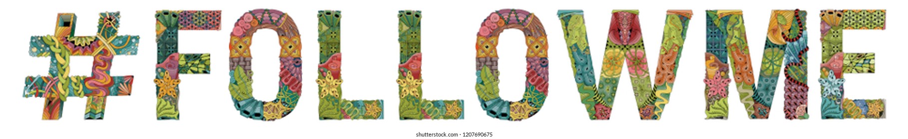Word FOLLOW ME with hashtag. Vector decorative zentangle object