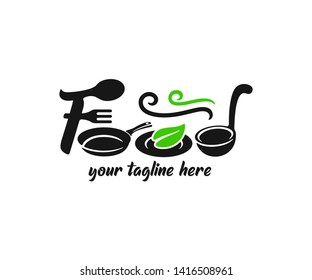 Word food typography, consisting of fork, spoon, pan, plate with a leaf and ladle, logo design. Restaurant, cafe, breakfast and meal, vector design and illustration