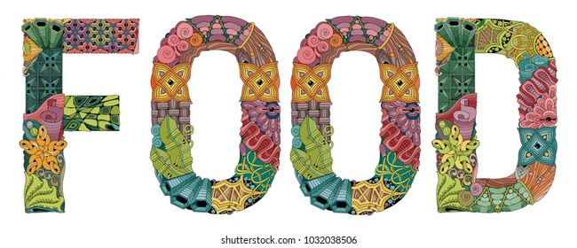 Word FOOD. Vector decorative zentangle object