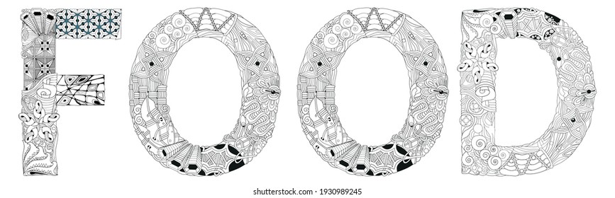 Word FOOD. Objeto vector zentangle para colorear