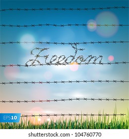 Word freedom written by a barbed wire, vector Eps10 illustration.