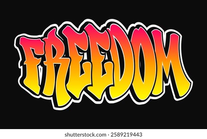 The word Freedom written in graffiti-style typography with a vibrant color gradient and a white outline