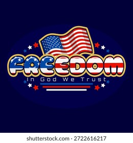 A palavra "LIBERDADE" está escrita em grandes letras 3D, em estilo bolha, repletas das estrelas e listras da bandeira americana. Perfeito para um design de camiseta. Dia Nacional da Liberdade, 1º de fevereiro.