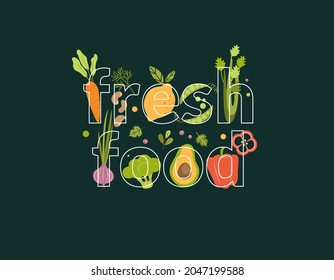 Word fresh food full of vegetables on background. Natural and organic vegetable - carrots, beans, beans, lemon, peas, onions, broccoli, avocado, pepper, berries and herbs.Vector for web,design,print.