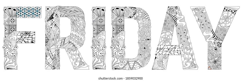 Word friday. Vector decorative zentangle object for coloring
